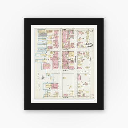 Old map wall art mockup — black gallery frame with white mat — Sanborn Fire Insurance Map from Jacksonville, Duval County, Florida (1891), Sheet #0017
