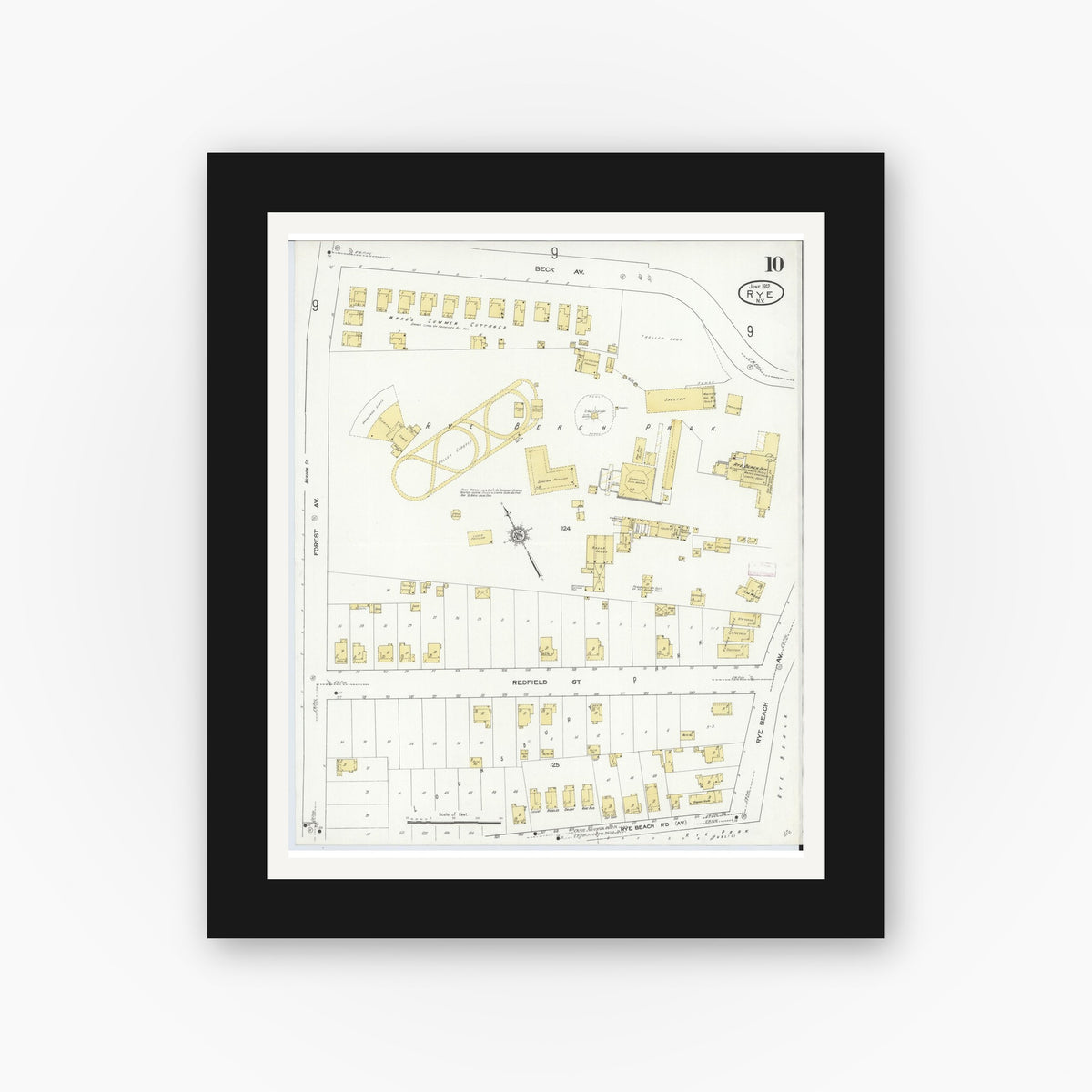 Old map wall art mockup — black gallery frame with white mat — Sanborn Fire Insurance Map from Rye, Westchester County, New York (1912), Sheet #0010