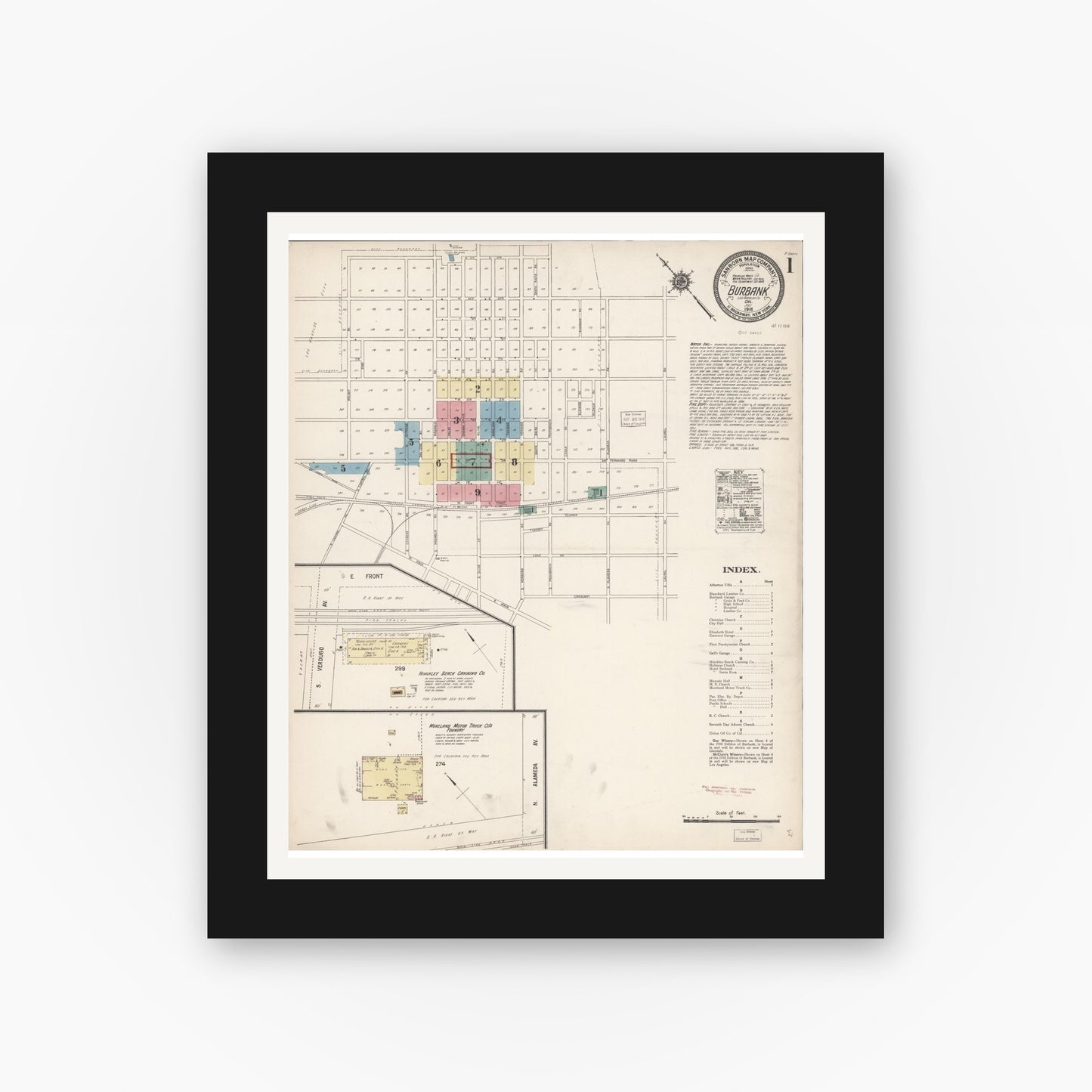 Old map wall art mockup — black gallery frame with white mat — Sanborn Fire Insurance Map from Burbank, Los Angeles County, California (1918), Sheet #0001