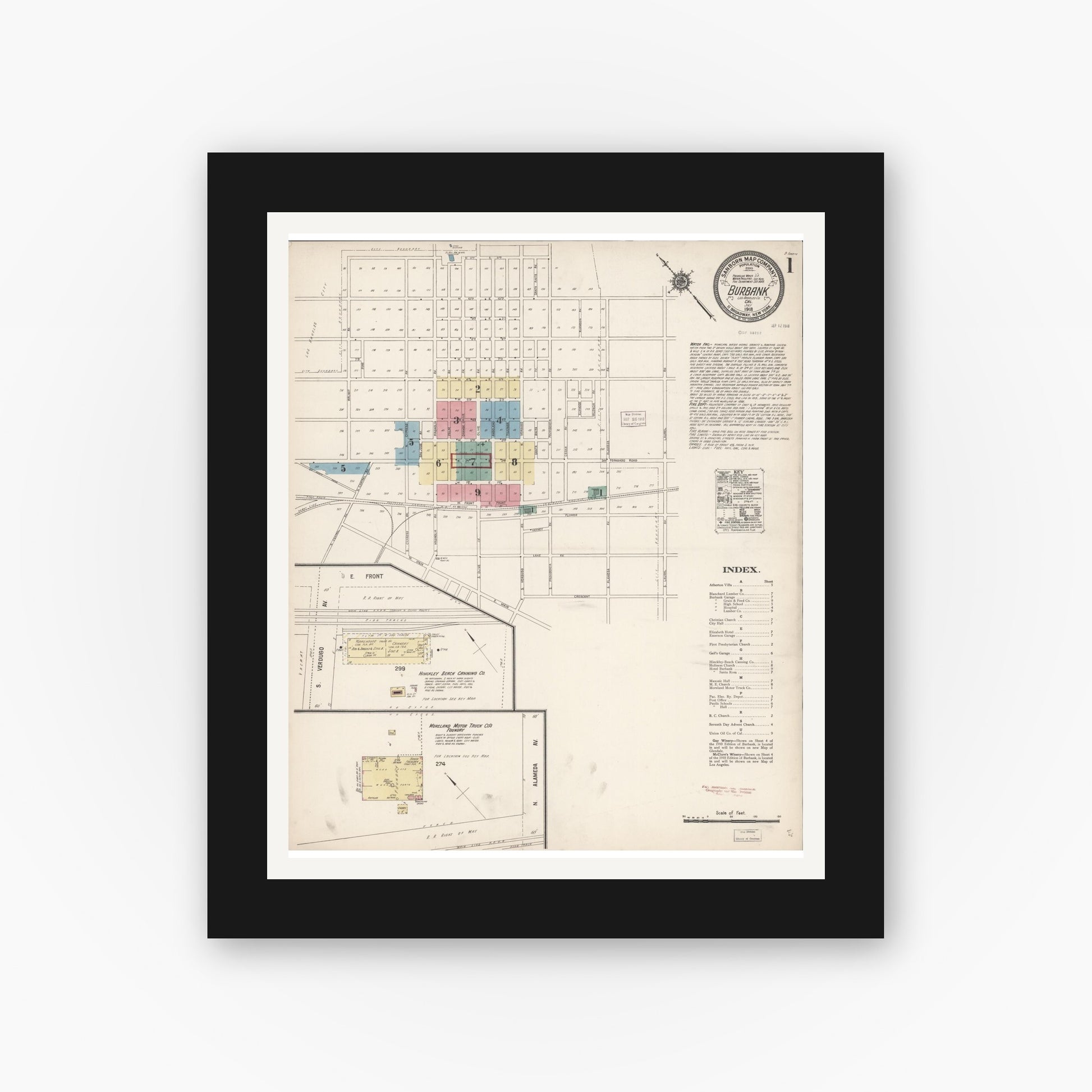 Old map wall art mockup — black gallery frame with white mat — Sanborn Fire Insurance Map from Burbank, Los Angeles County, California (1918), Sheet #0001
