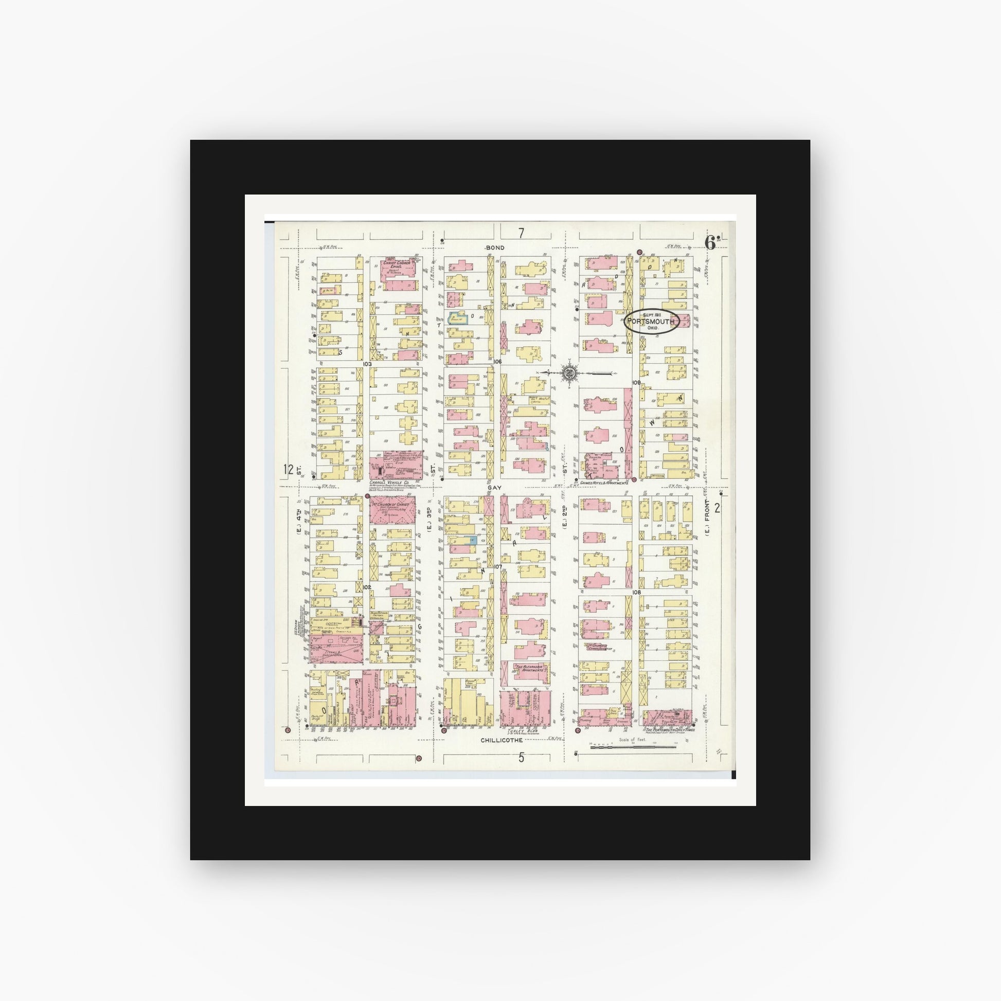Old map wall art mockup — black gallery frame with white mat — Sanborn Fire Insurance Map from Portsmouth, Scioto County, Ohio (1911), Sheet #0006
