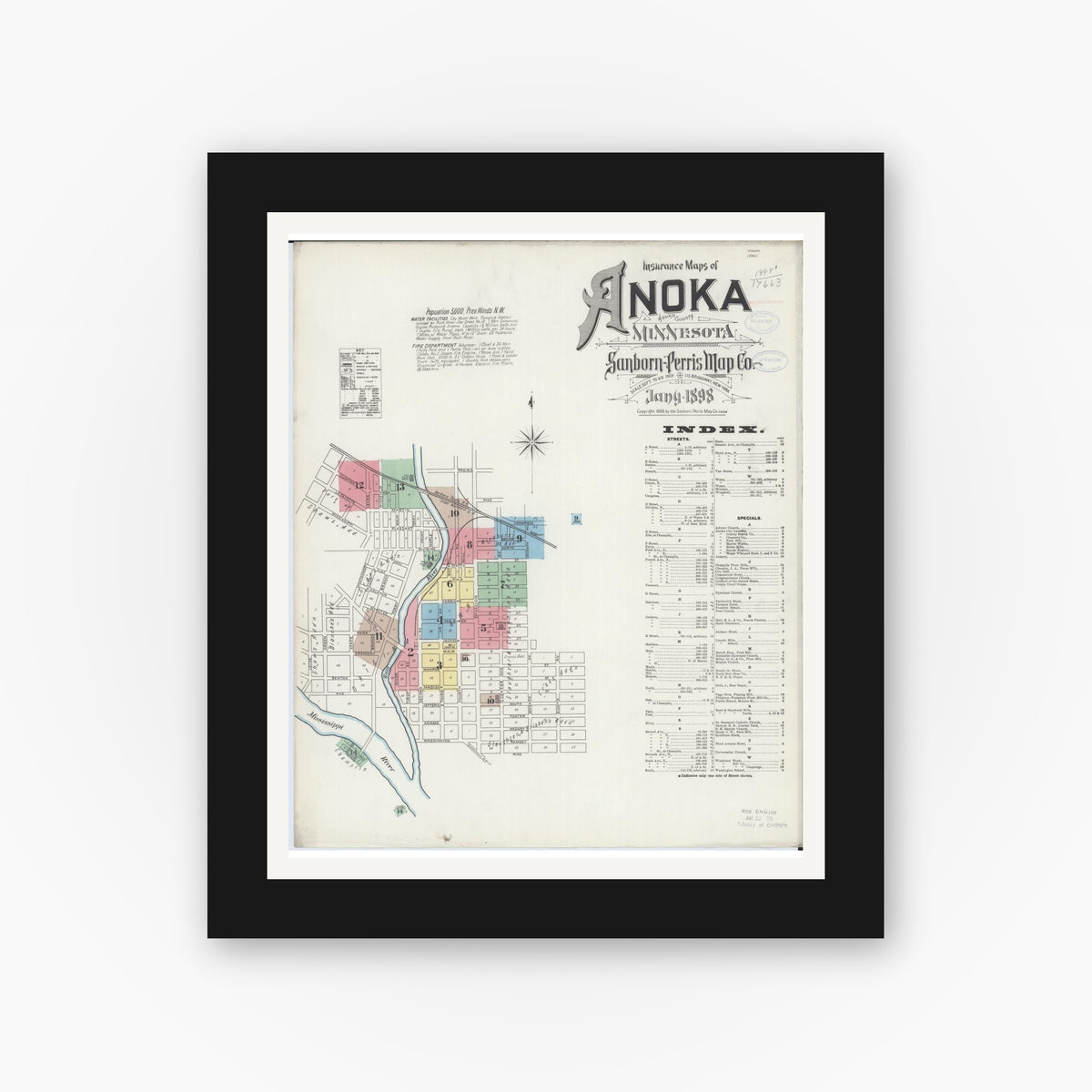 Old map wall art mockup — black gallery frame with white mat — Sanborn Fire Insurance Map from Anoka, Anoka County, Minnesota (1898) - Complete Map Set