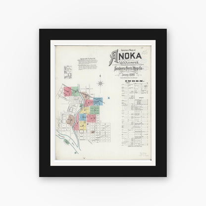 Old map wall art mockup — black gallery frame with white mat — Sanborn Fire Insurance Map from Anoka, Anoka County, Minnesota (1898) - Complete Map Set
