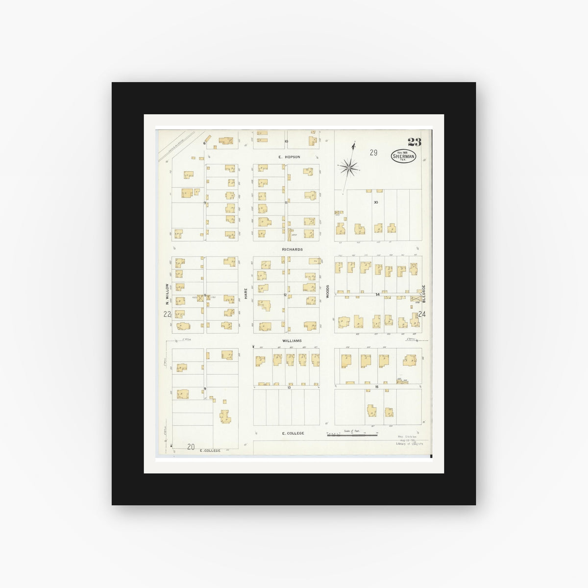 Old map wall art mockup — black gallery frame with white mat — Sanborn Fire Insurance Map from Sherman, Grayson County, Texas (1908), Sheet #0023