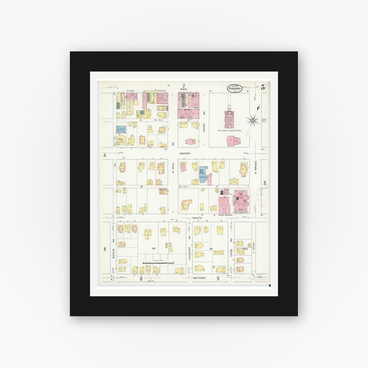Old map wall art mockup — black gallery frame with white mat — Sanborn Fire Insurance Map from Ridgway, Elk County, Pennsylvania (1909), Sheet #0005