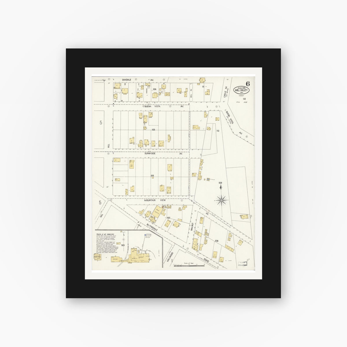 Old map wall art mockup — black gallery frame with white mat — Sanborn Fire Insurance Map from Mill Valley, Marin County, California (1908), Sheet #0006