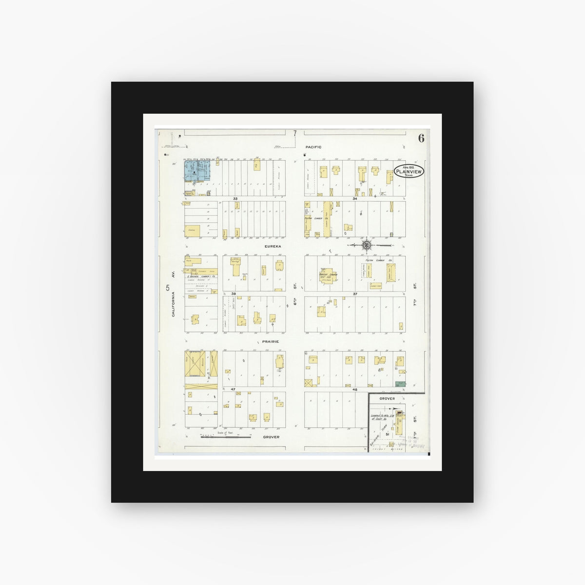 Old map wall art mockup — black gallery frame with white mat — Sanborn Fire Insurance Map from Plainview, Hale County, Texas (1910), Sheet #0006