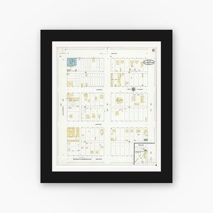 Old map wall art mockup — black gallery frame with white mat — Sanborn Fire Insurance Map from Plainview, Hale County, Texas (1910), Sheet #0006