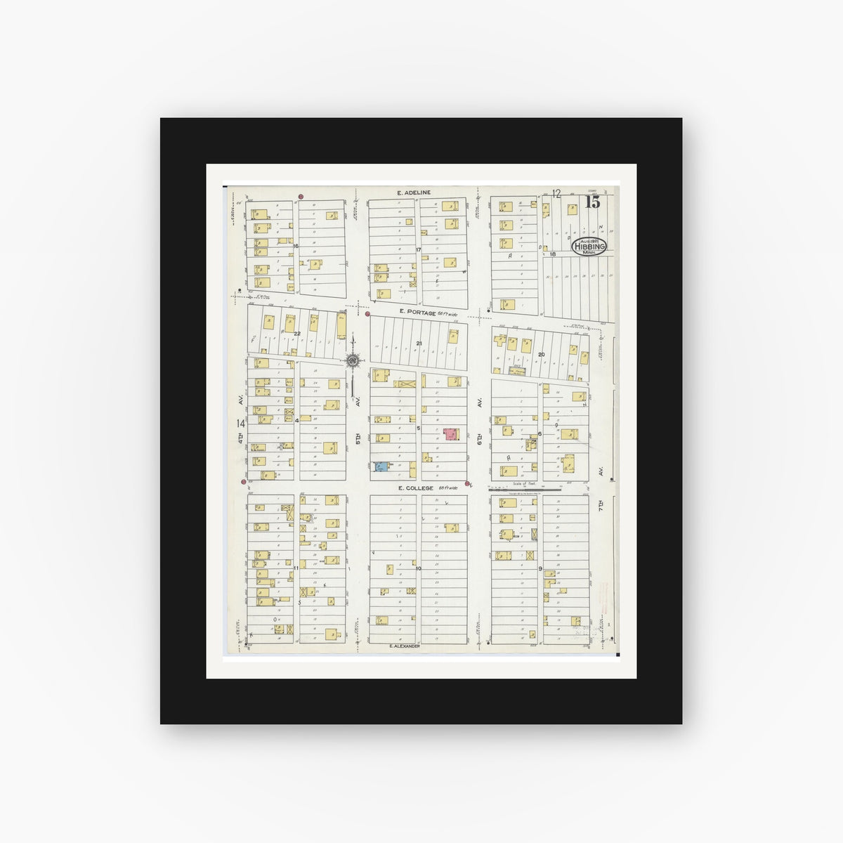 Old map wall art mockup — black gallery frame with white mat — Sanborn Fire Insurance Map from Hibbing, Saint Louis County, Minnesota (1921), Sheet #0015