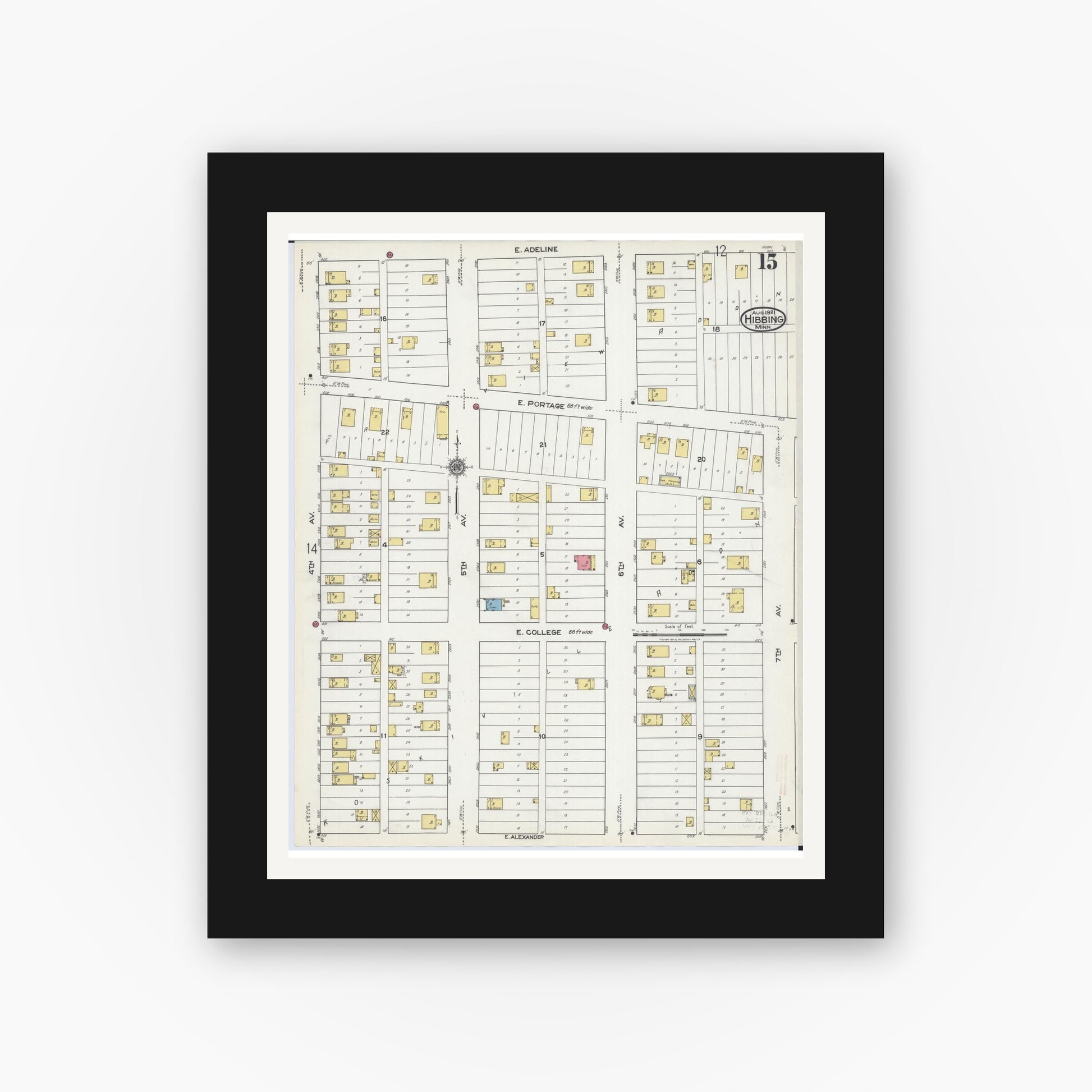 Old map wall art mockup — black gallery frame with white mat — Sanborn Fire Insurance Map from Hibbing, Saint Louis County, Minnesota (1921), Sheet #0015