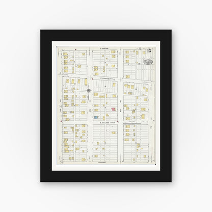 Old map wall art mockup — black gallery frame with white mat — Sanborn Fire Insurance Map from Hibbing, Saint Louis County, Minnesota (1921), Sheet #0015