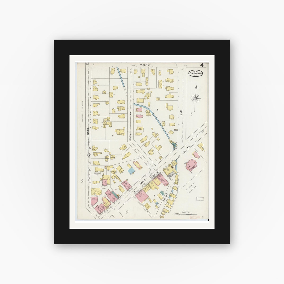 Old map wall art mockup — black gallery frame with white mat — Sanborn Fire Insurance Map from Oneonta, Otsego County, New York (1893), Sheet #0004