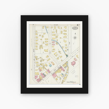 Old map wall art mockup — black gallery frame with white mat — Sanborn Fire Insurance Map from Oneonta, Otsego County, New York (1893), Sheet #0004