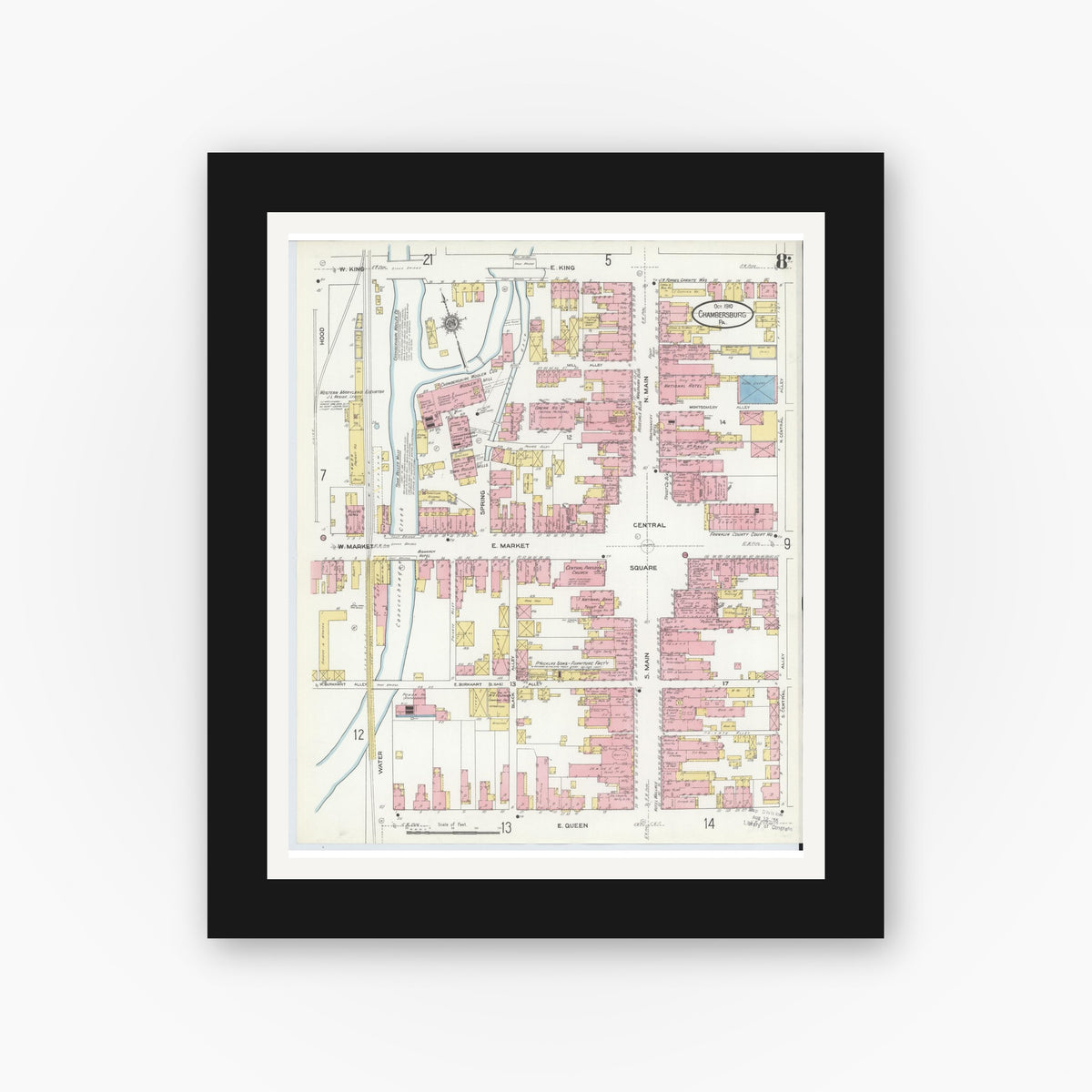 Old map wall art mockup — black gallery frame with white mat — Sanborn Fire Insurance Map from Chambersburg, Franklin County, Pennsylvania (1910), Sheet #0008