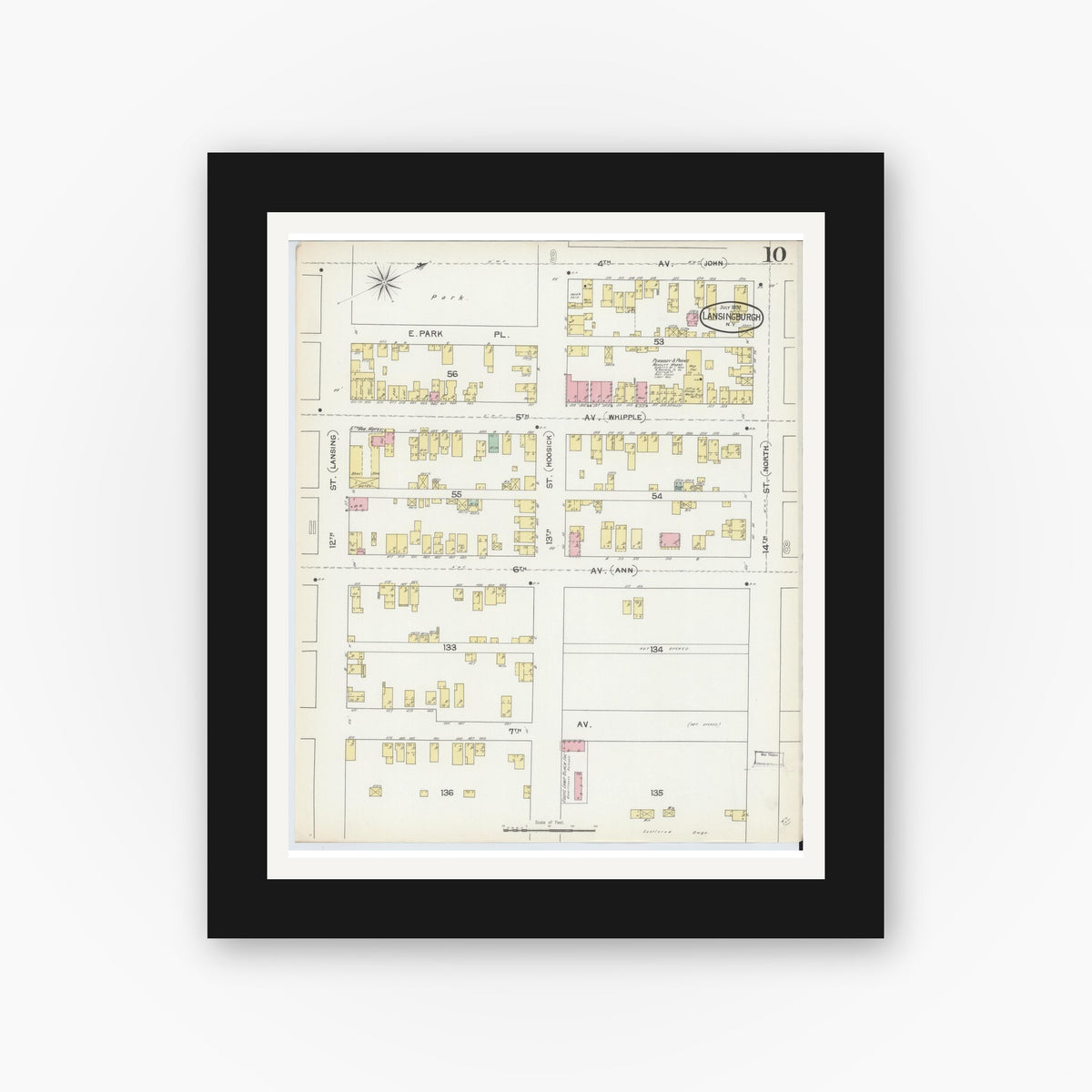 Old map wall art mockup — black gallery frame with white mat — Sanborn Fire Insurance Map from Lansingburg, Rensselaer County, New York (1892), Sheet #0010