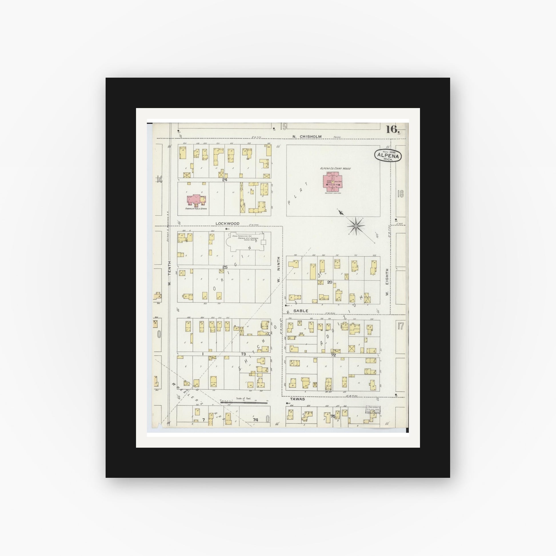 Old map wall art mockup — black gallery frame with white mat — Sanborn Fire Insurance Map from Alpena, Alpena County, Michigan (1895), Sheet #0016