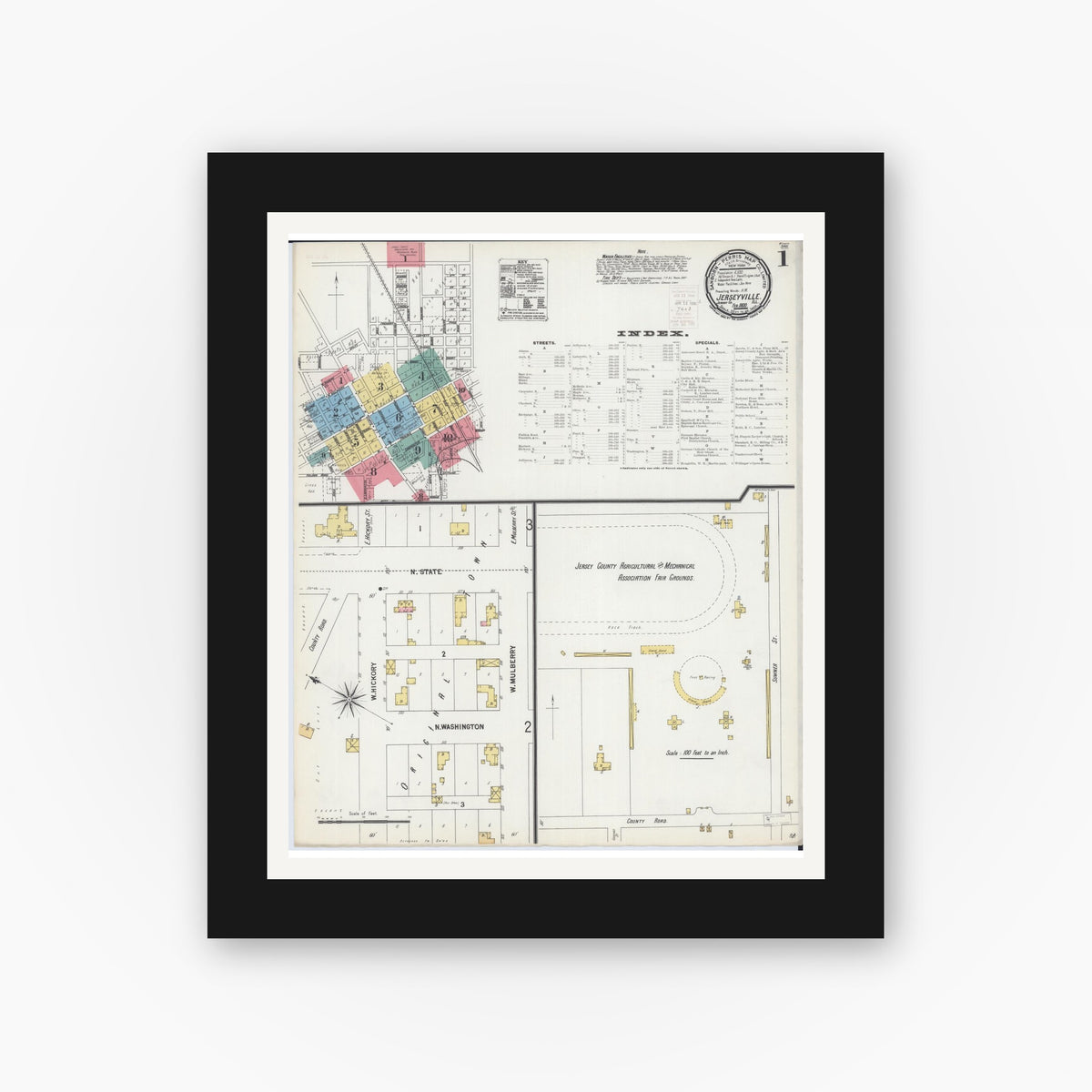Old map wall art mockup — black gallery frame with white mat — Sanborn Fire Insurance Map from Jerseyville, Jersey County, Illinois (1900), Sheet #0001