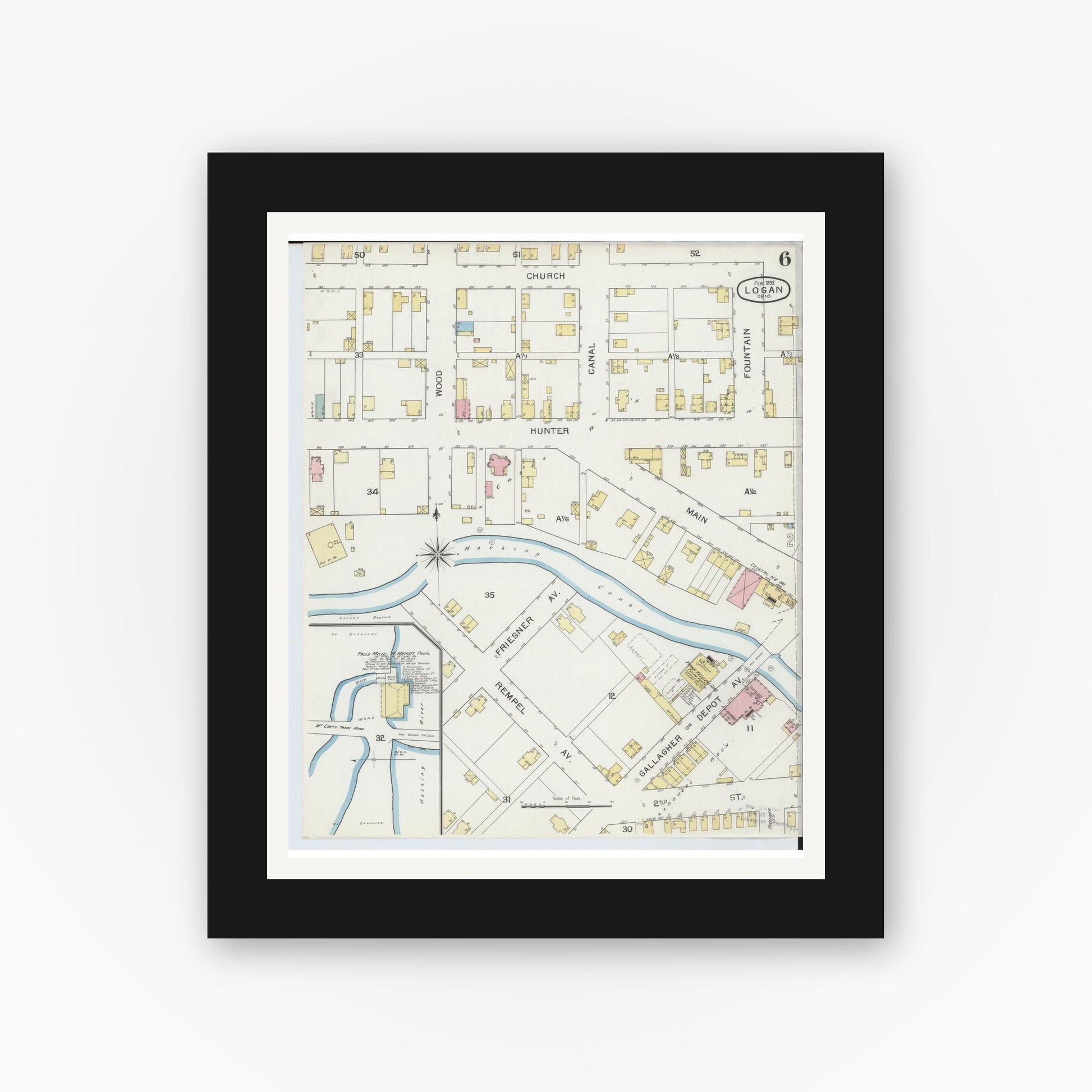 Old map wall art mockup — black gallery frame with white mat — Sanborn Fire Insurance Map from Logan, Hocking County, Ohio (1893), Sheet #0006