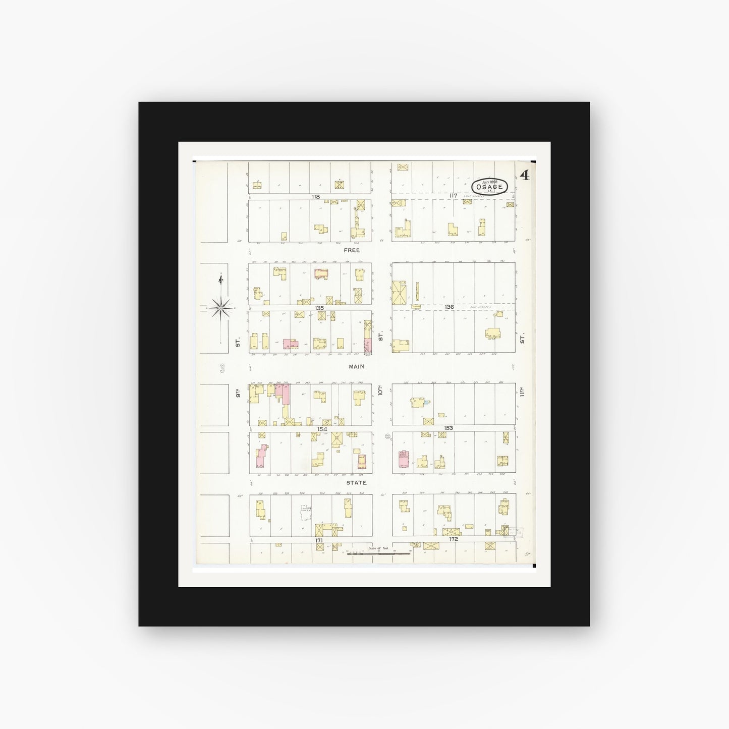 Old map wall art mockup — black gallery frame with white mat — Sanborn Fire Insurance Map from Osage, Mitchell County, Iowa (1892), Sheet #0004