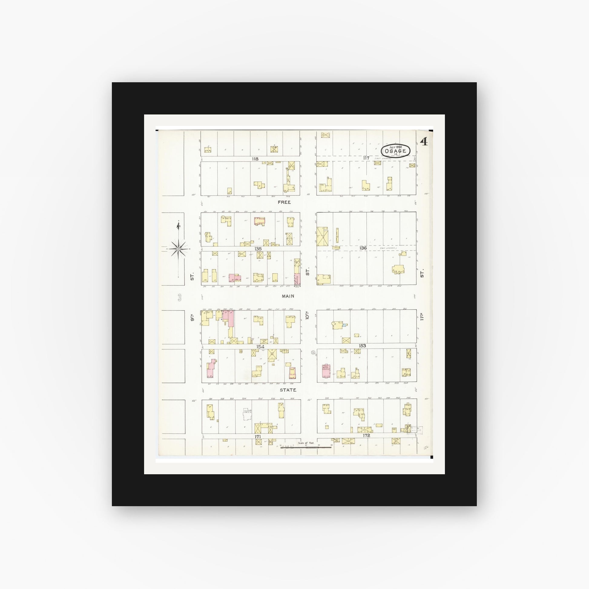 Old map wall art mockup — black gallery frame with white mat — Sanborn Fire Insurance Map from Osage, Mitchell County, Iowa (1892), Sheet #0004