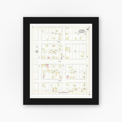 Old map wall art mockup — black gallery frame with white mat — Sanborn Fire Insurance Map from Osage, Mitchell County, Iowa (1892), Sheet #0004