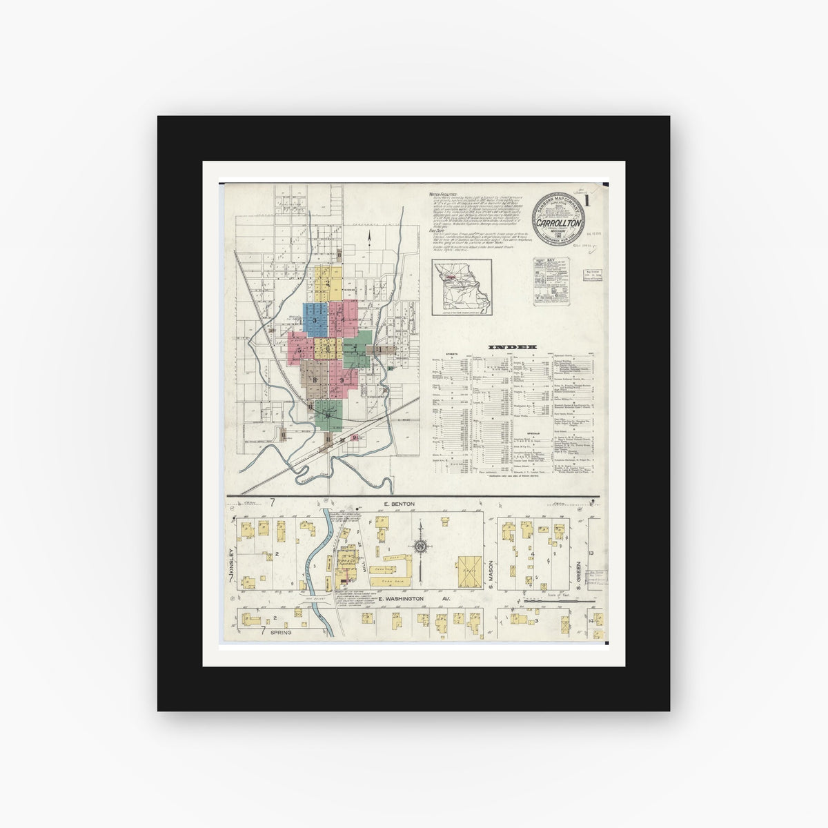 Old map wall art mockup — black gallery frame with white mat — Sanborn Fire Insurance Map from Carrollton, Carroll County, Missouri (1916) - Complete Map Set