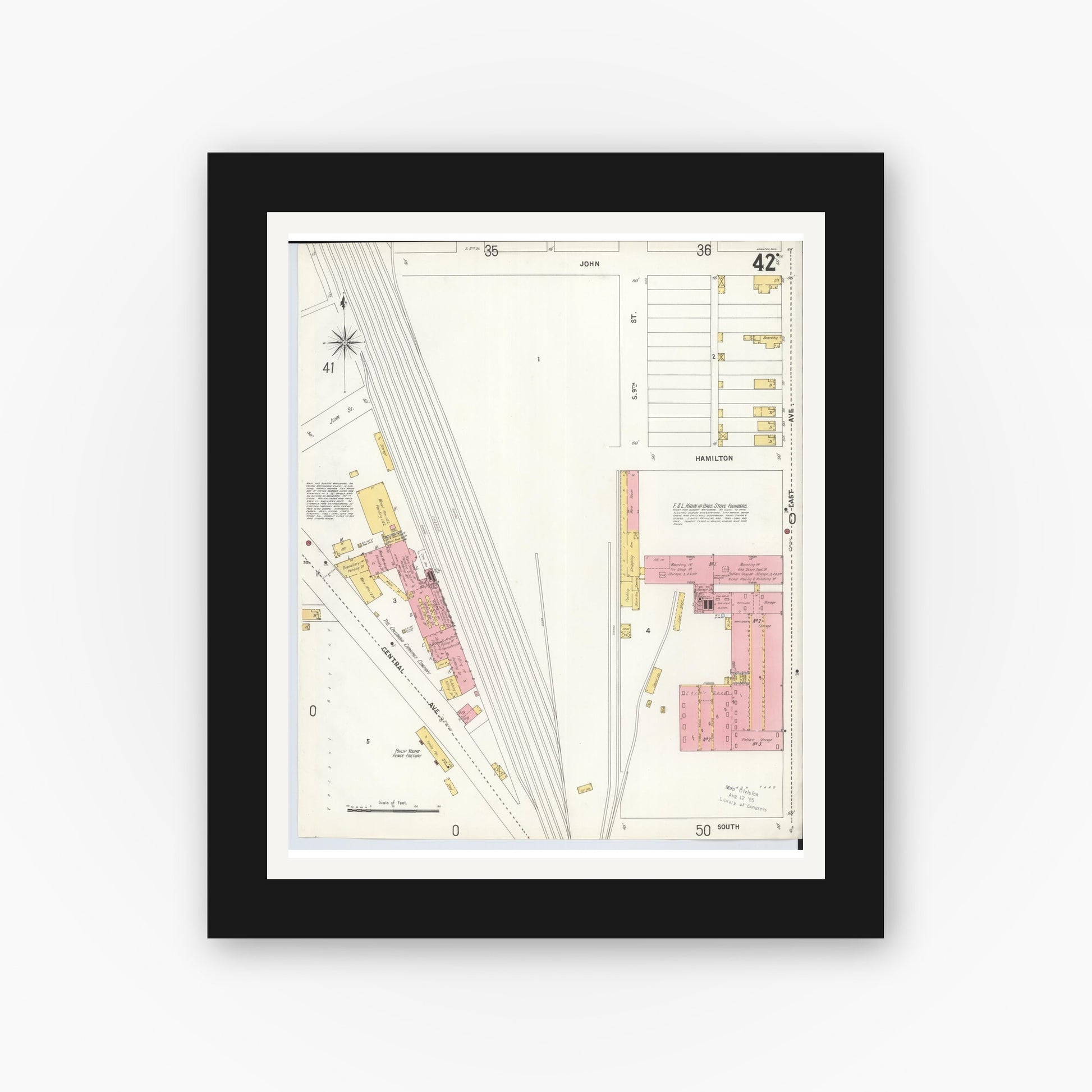 Old map wall art mockup — black gallery frame with white mat — Sanborn Fire Insurance Map from Hamilton, Butler County, Ohio (1899), Sheet #0042
