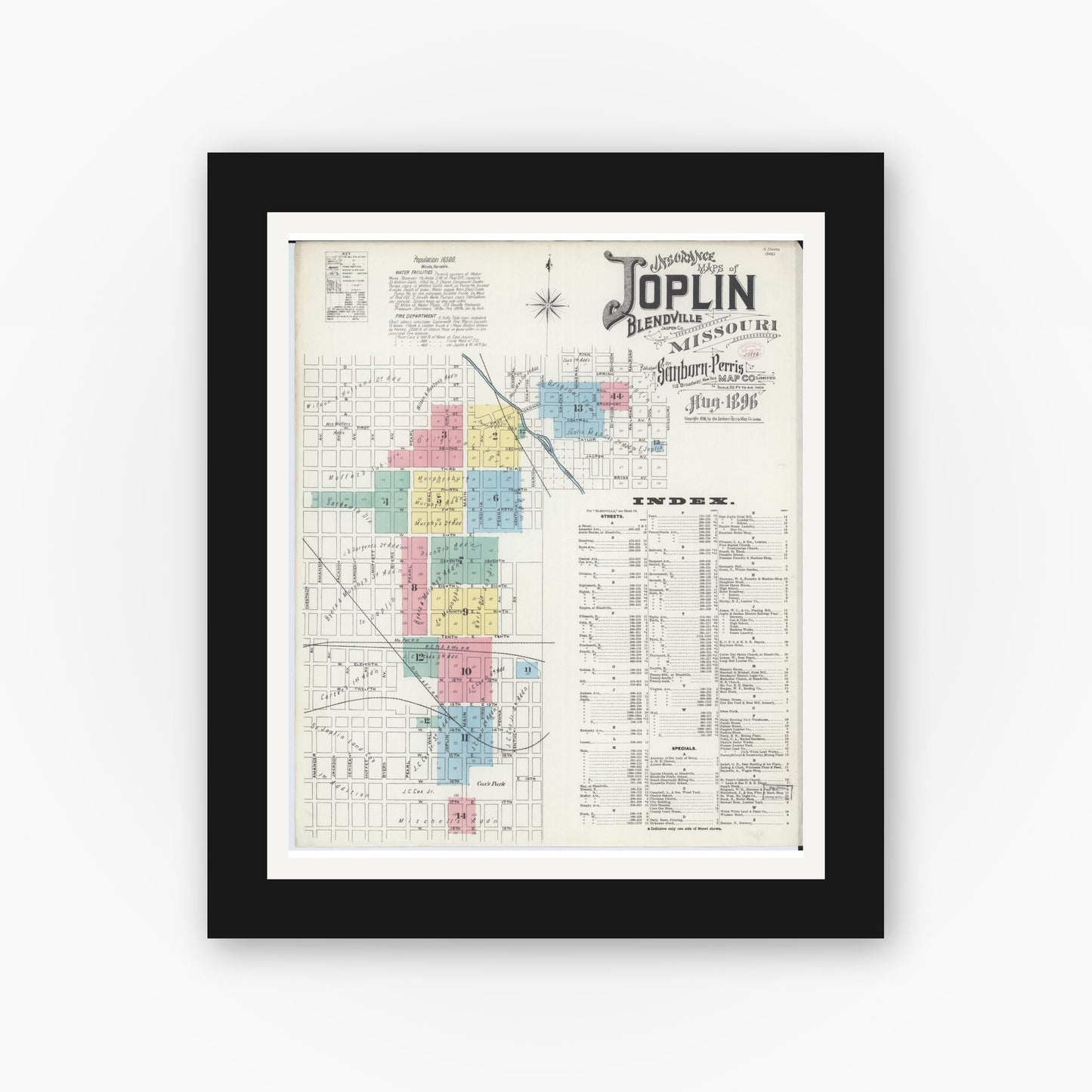 Old map wall art mockup — black gallery frame with white mat — Sanborn Fire Insurance Map from Joplin, Jasper County, Missouri (1896), Sheet #0001
