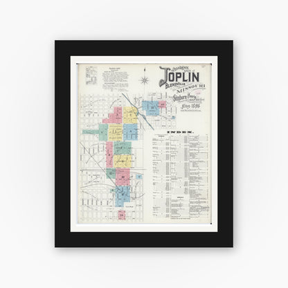 Old map wall art mockup — black gallery frame with white mat — Sanborn Fire Insurance Map from Joplin, Jasper County, Missouri (1896), Sheet #0001