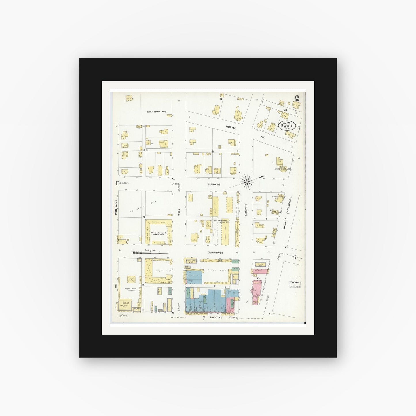 Old map wall art mockup — black gallery frame with white mat — Sanborn Fire Insurance Map from Bowie, Montague County, Texas (1908), Sheet #0002