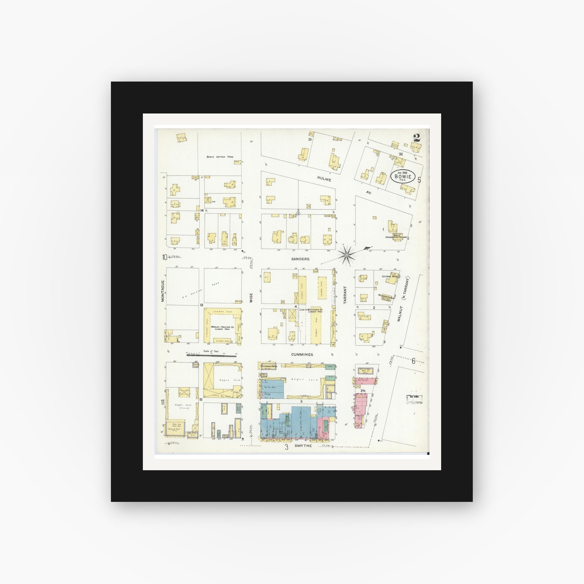 Old map wall art mockup — black gallery frame with white mat — Sanborn Fire Insurance Map from Bowie, Montague County, Texas (1908), Sheet #0002