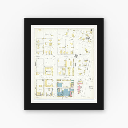 Old map wall art mockup — black gallery frame with white mat — Sanborn Fire Insurance Map from Bowie, Montague County, Texas (1908), Sheet #0002