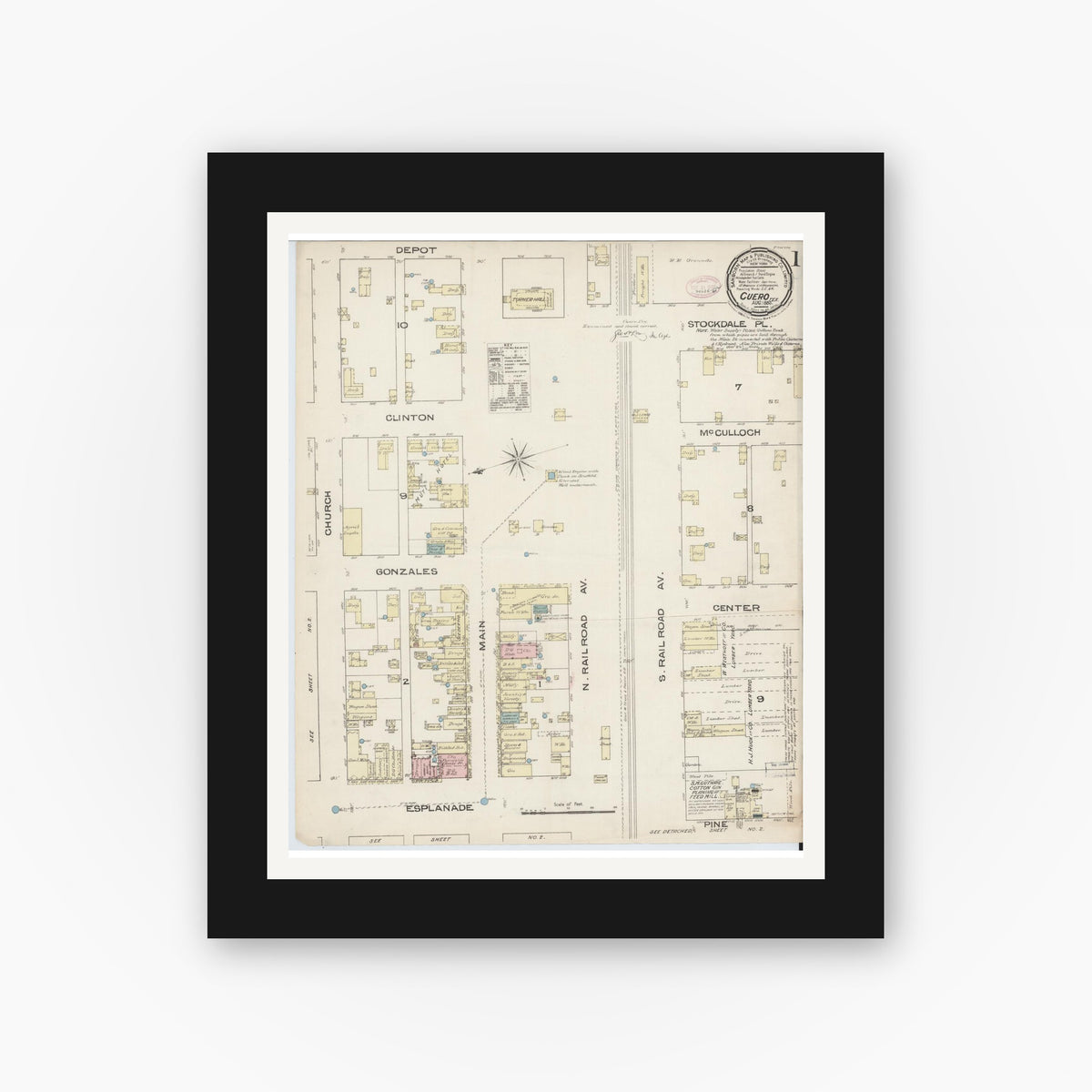 Old map wall art mockup — black gallery frame with white mat — Sanborn Fire Insurance Map from Cuero, De Witt County, Texas (1885), Sheet #0001