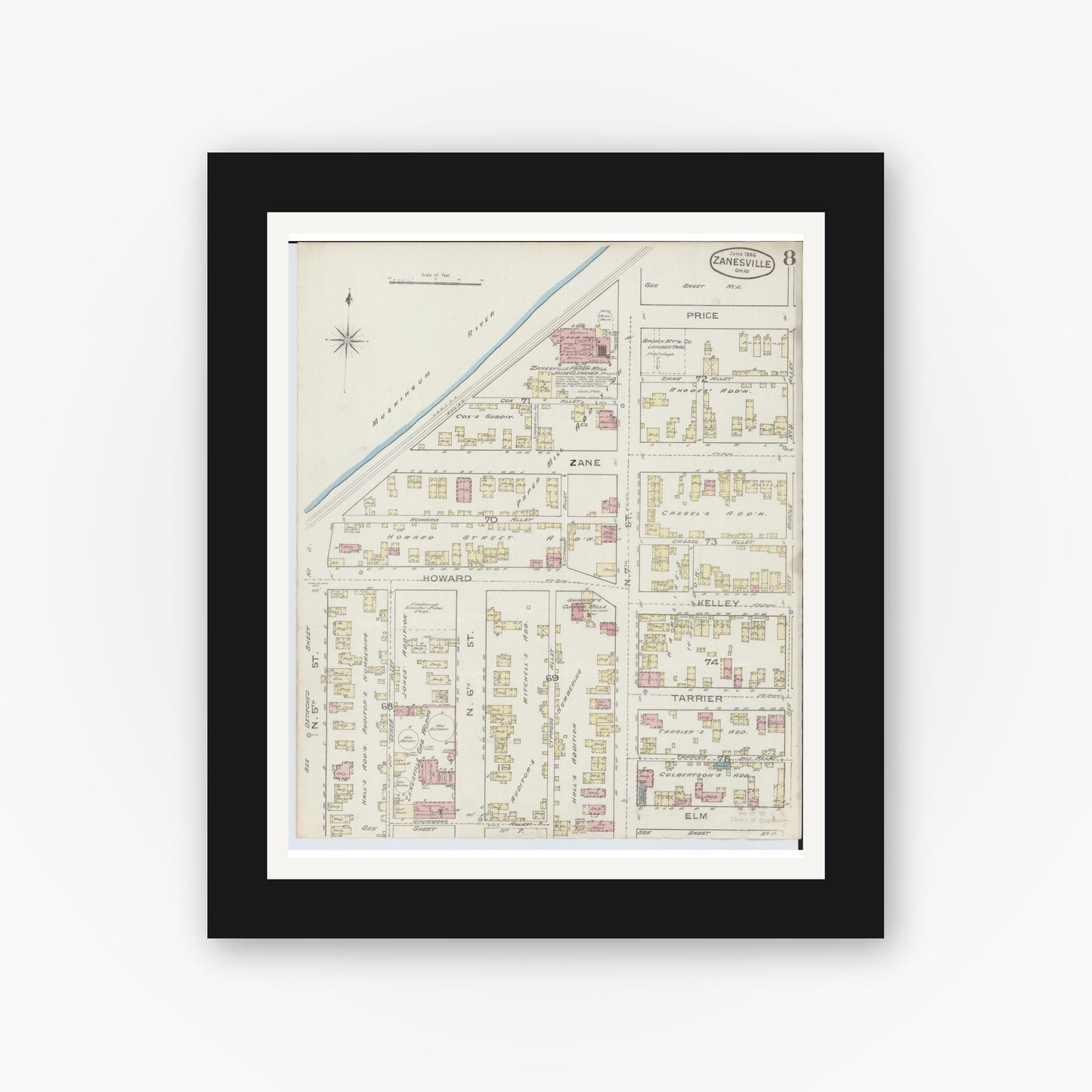 Old map wall art mockup — black gallery frame with white mat — Sanborn Fire Insurance Map from Zanesville, Muskingum County, Ohio (1886), Sheet #0008