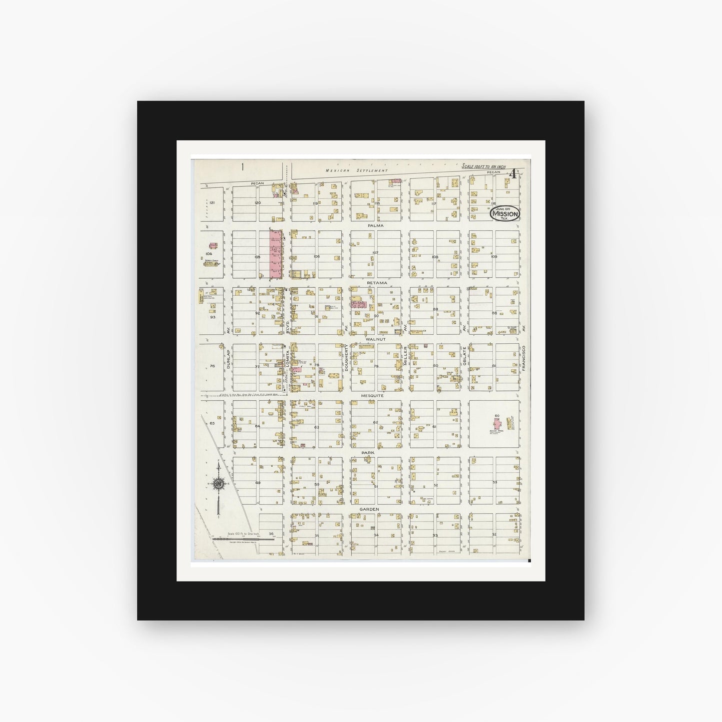 Old map wall art mockup — black gallery frame with white mat — Sanborn Fire Insurance Map from Mission, Hidalgo County, Texas (1919), Sheet #0004