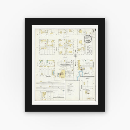 Old map wall art mockup — black gallery frame with white mat — Sanborn Fire Insurance Map from Mineola, Wood County, Texas (1896), Sheet #0001