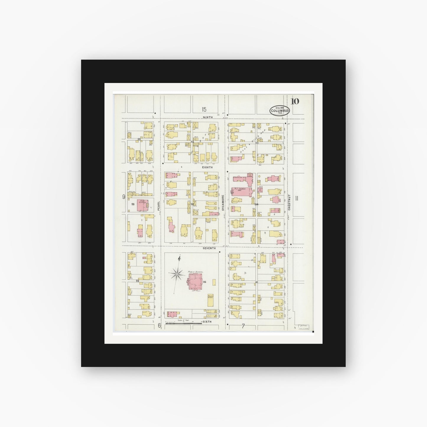 Old map wall art mockup — black gallery frame with white mat — Sanborn Fire Insurance Map from Columbus, Bartholomew County, Indiana (1898), Sheet #0010