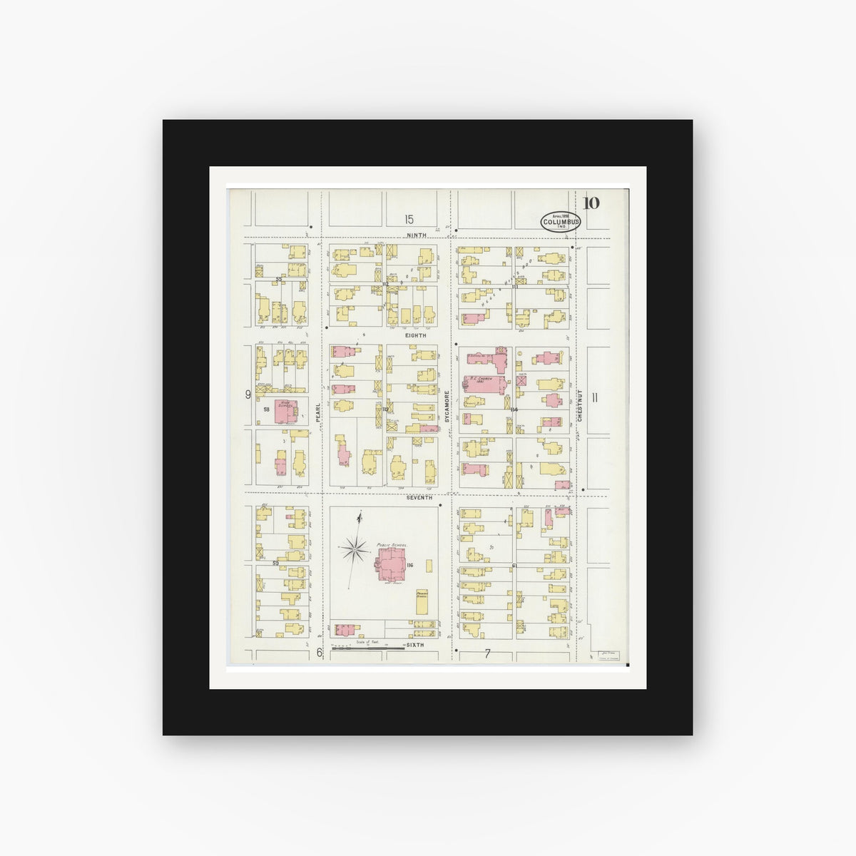 Old map wall art mockup — black gallery frame with white mat — Sanborn Fire Insurance Map from Columbus, Bartholomew County, Indiana (1898), Sheet #0010