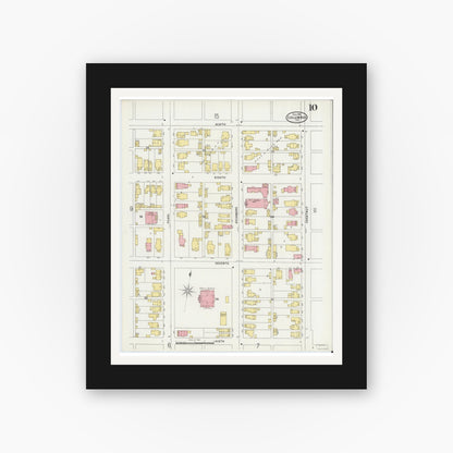 Old map wall art mockup — black gallery frame with white mat — Sanborn Fire Insurance Map from Columbus, Bartholomew County, Indiana (1898), Sheet #0010