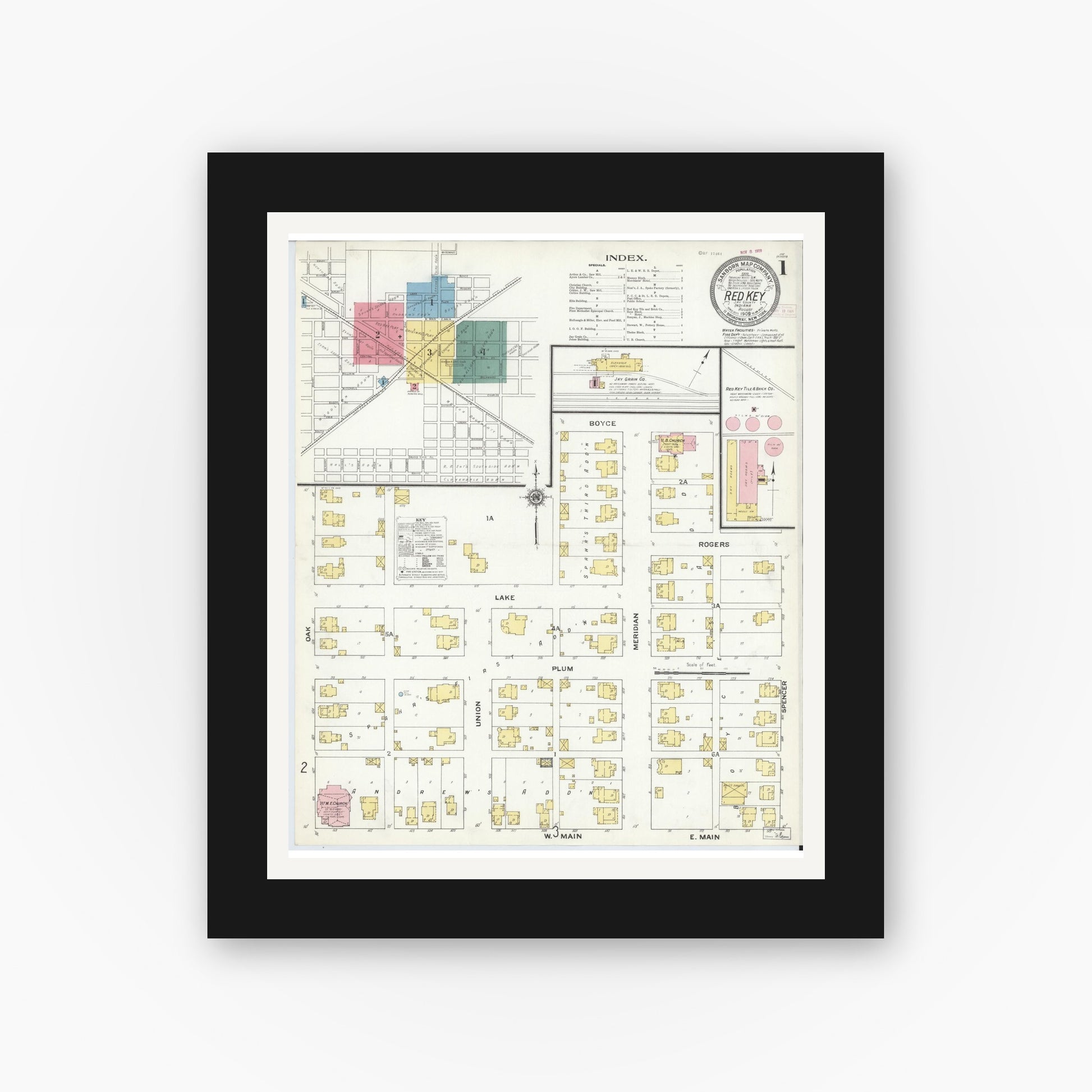 Old map wall art mockup — black gallery frame with white mat — Sanborn Fire Insurance Map from Redkey, Jay County, Indiana (1909), Sheet #0001