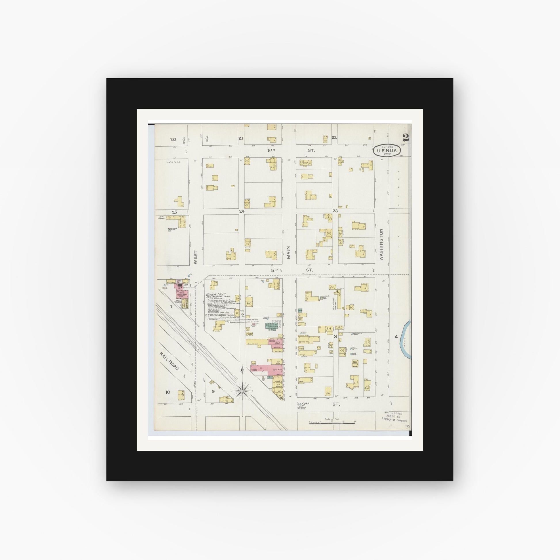 Old map wall art mockup — black gallery frame with white mat — Sanborn Fire Insurance Map from Genoa, Ottawa County, Ohio (1893), Sheet #0002