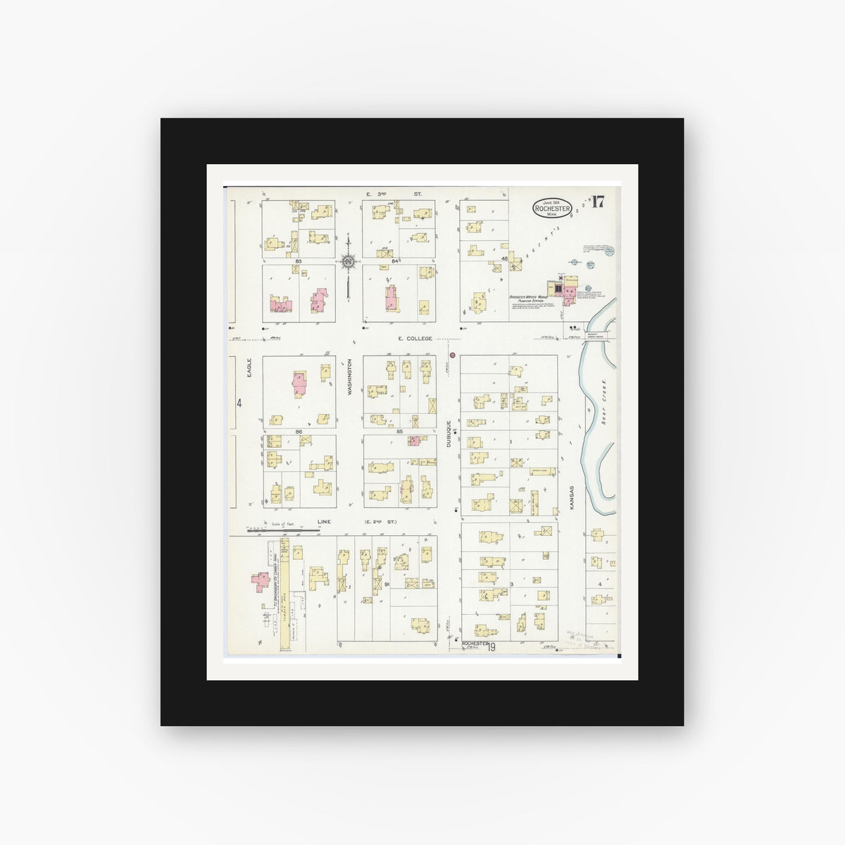 Old map wall art mockup — black gallery frame with white mat — Sanborn Fire Insurance Map from Rochester, Olmsted County, Minnesota (1914), Sheet #0017