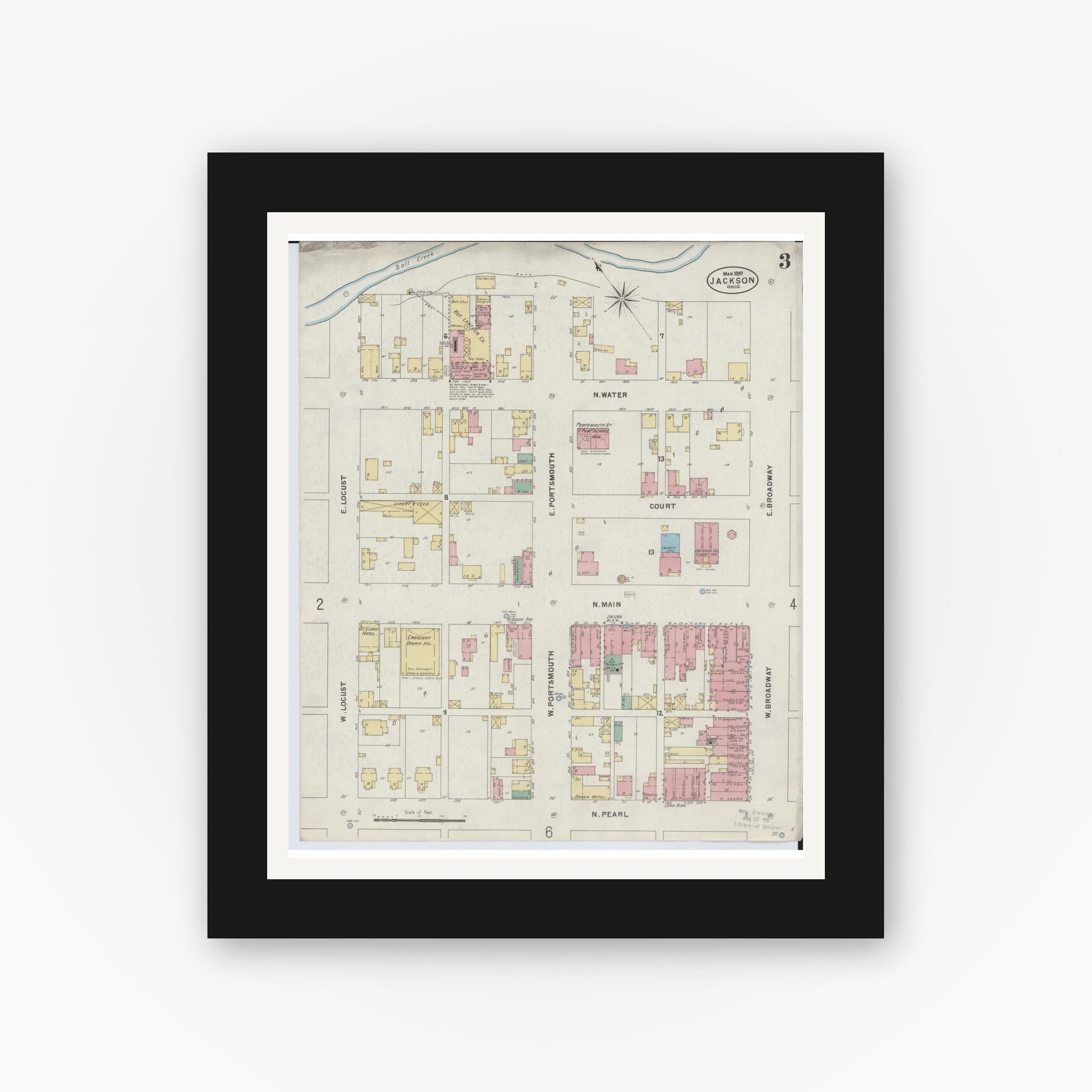 Old map wall art mockup — black gallery frame with white mat — Sanborn Fire Insurance Map from Jackson, Jackson County, Ohio (1897), Sheet #0003