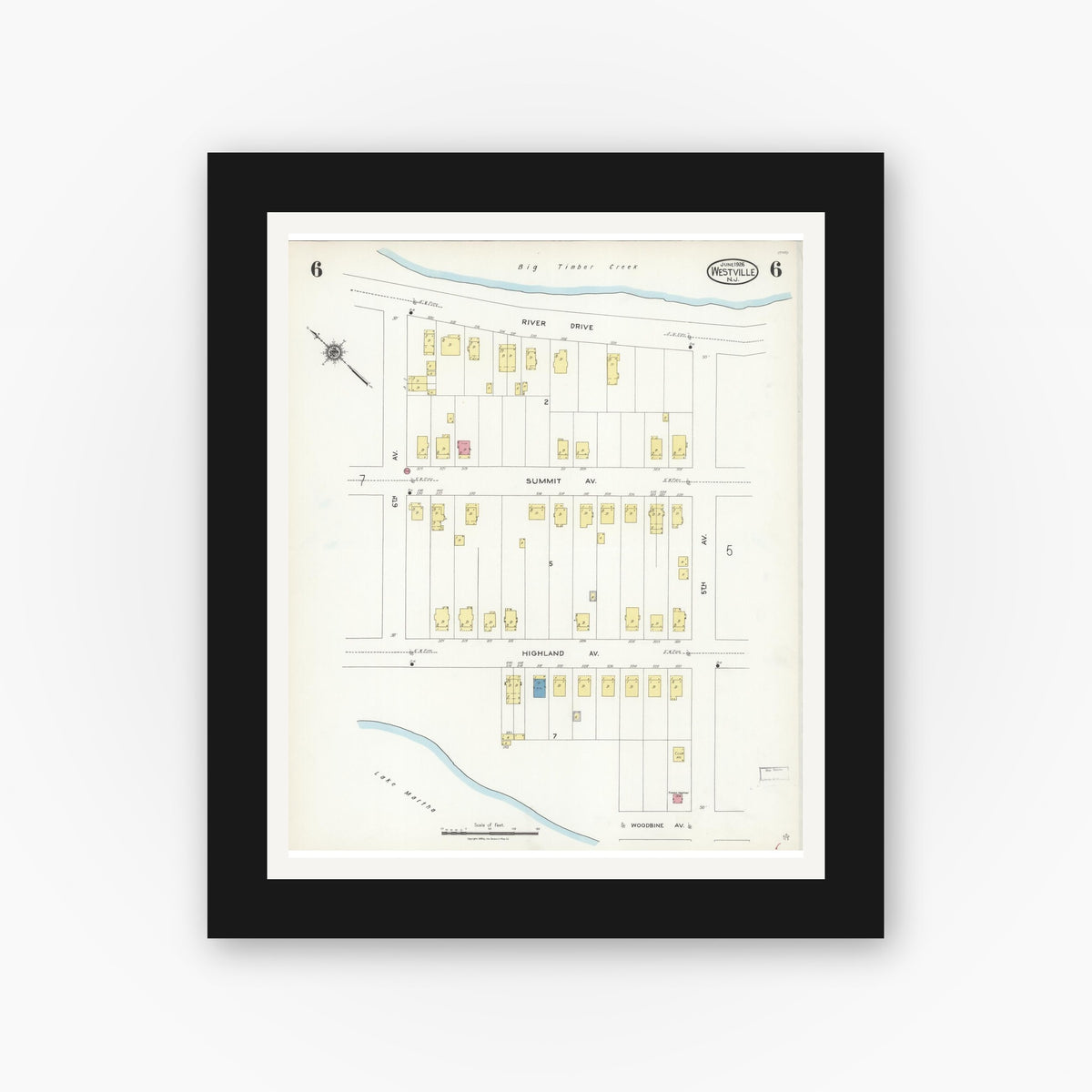 Old map wall art mockup — black gallery frame with white mat — Sanborn Fire Insurance Map from Westville, Gloucester County, New Jersey (1926), Sheet #0006