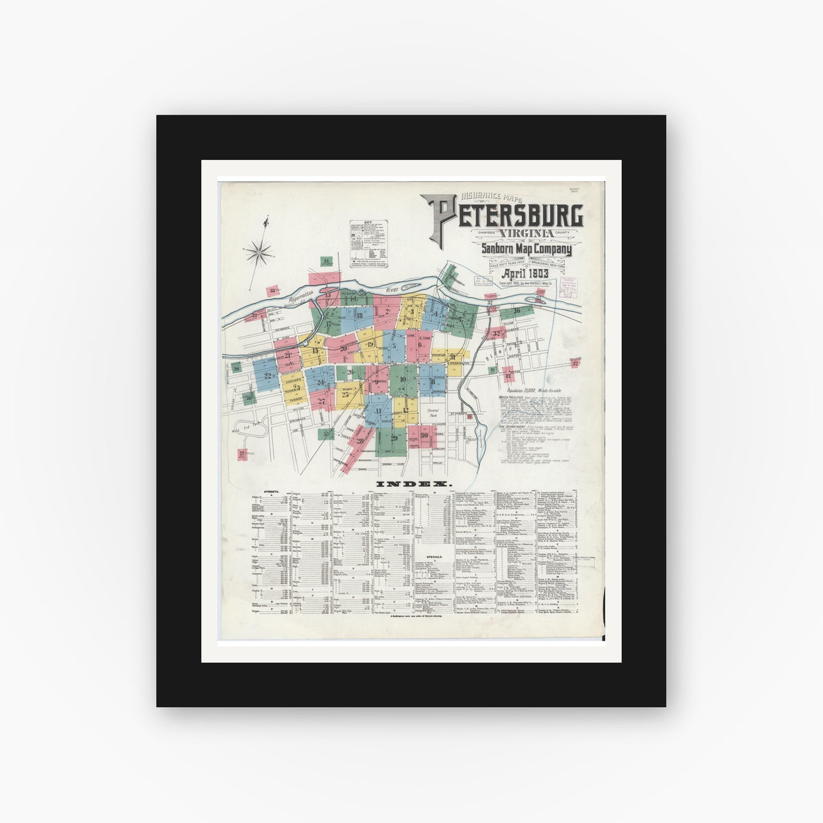 Old map wall art mockup — black gallery frame with white mat — Sanborn Fire Insurance Map from Petersburg, Independent Cities, Virginia (1903), Sheet #0001