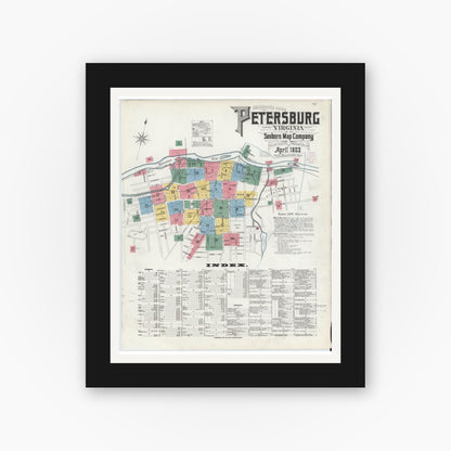 Old map wall art mockup — black gallery frame with white mat — Sanborn Fire Insurance Map from Petersburg, Independent Cities, Virginia (1903), Sheet #0001