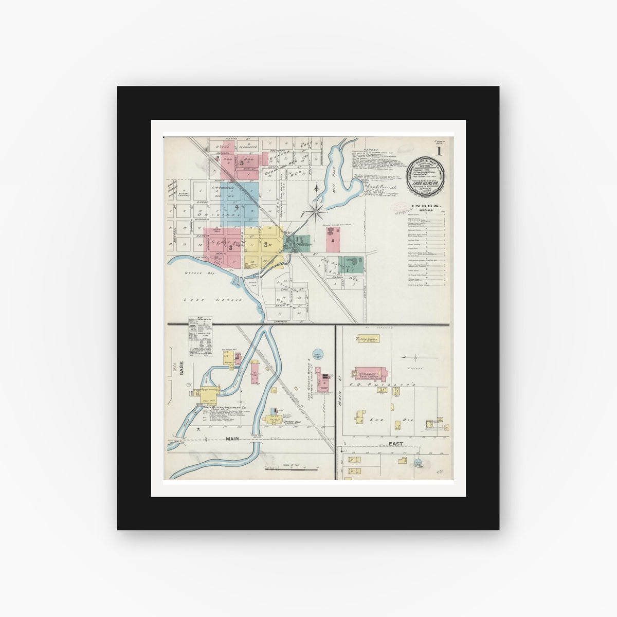 Old map wall art mockup — black gallery frame with white mat — Sanborn Fire Insurance Map from Lake Geneva, Walworth County, Wisconsin (1892) - Complete Map Set