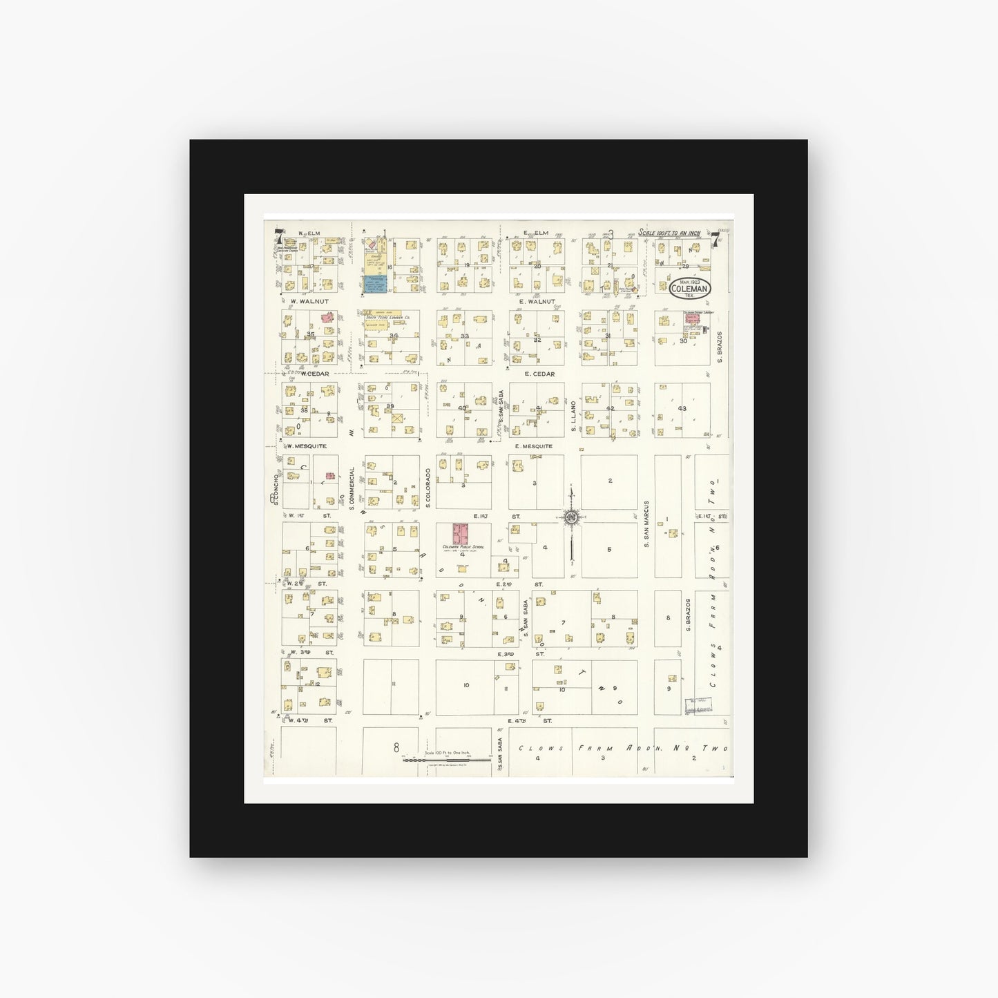 Old map wall art mockup — black gallery frame with white mat — Sanborn Fire Insurance Map from Coleman, Coleman County, Texas (1923), Sheet #0007