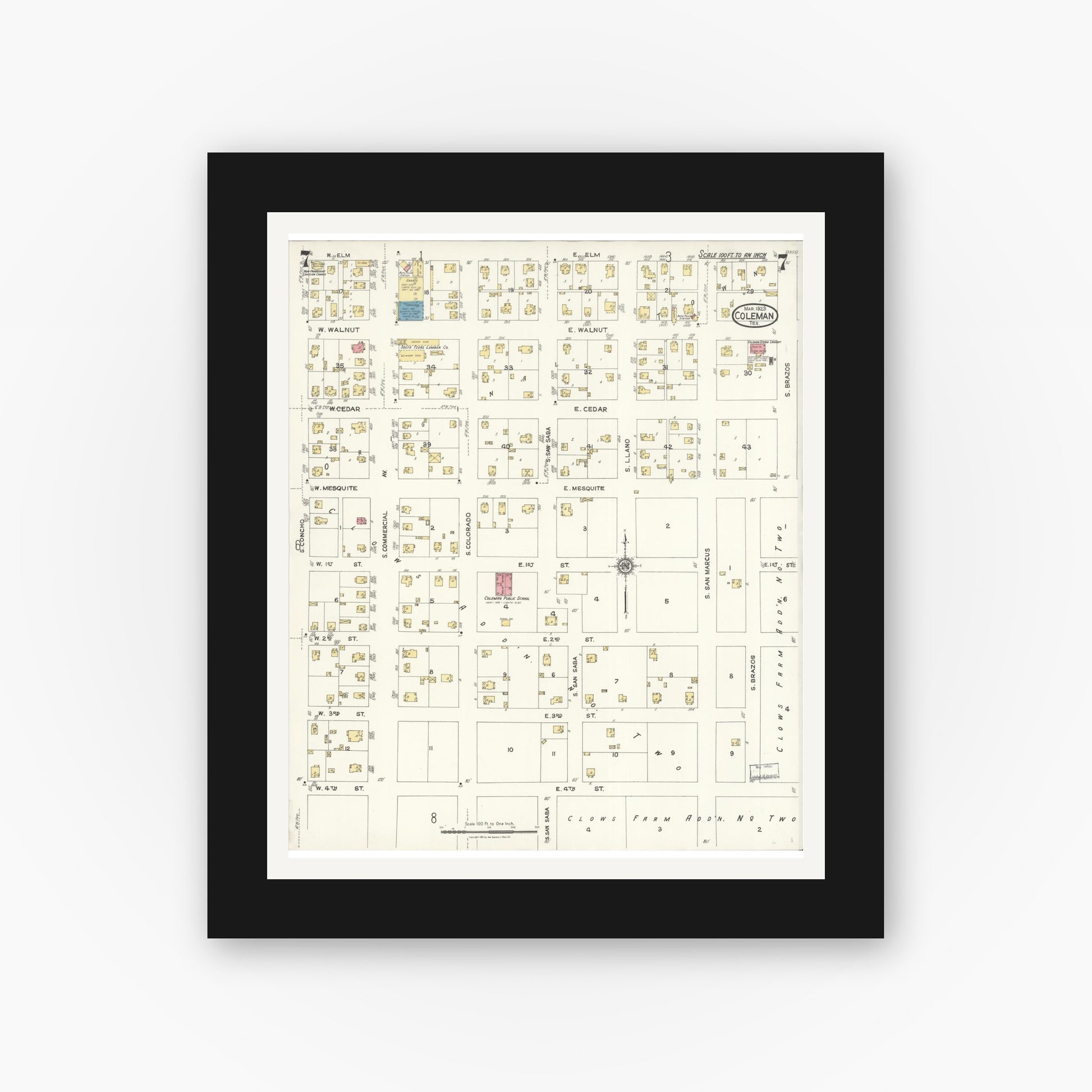 Old map wall art mockup — black gallery frame with white mat — Sanborn Fire Insurance Map from Coleman, Coleman County, Texas (1923), Sheet #0007
