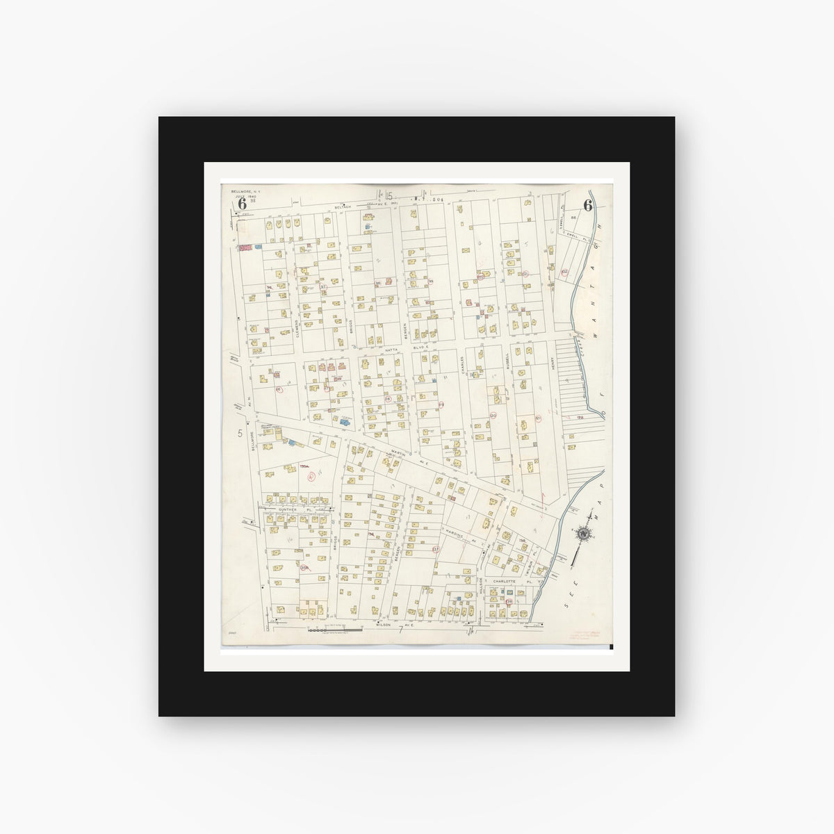 Old map wall art mockup — black gallery frame with white mat — Sanborn Fire Insurance Map from Bellmore, Nassau County, New York (1945), Sheet #0006
